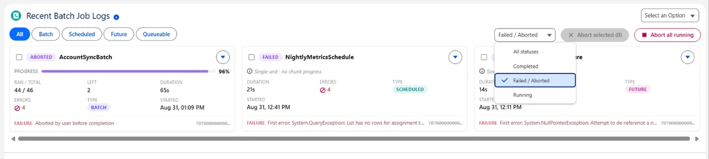 Recent executions with job type and status filters.