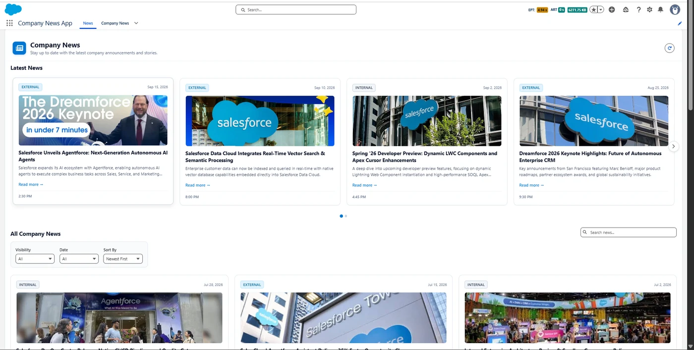 The Company News page in Lightning with Latest News and All Company News.