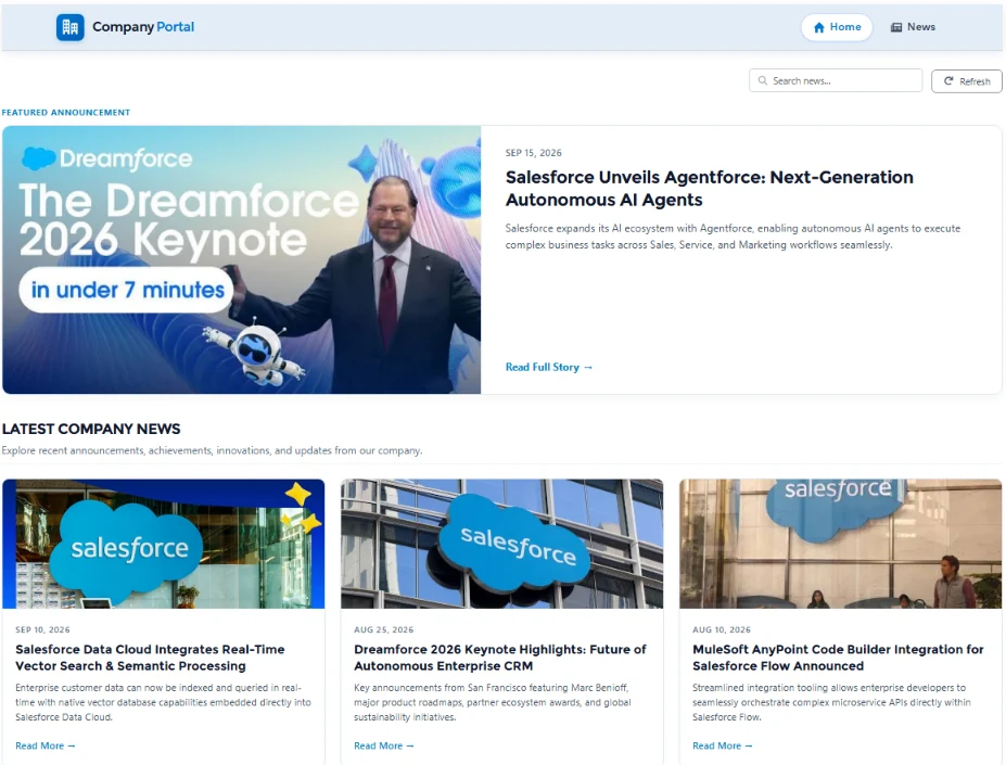 The Company Portal home page with a featured announcement and the latest news.