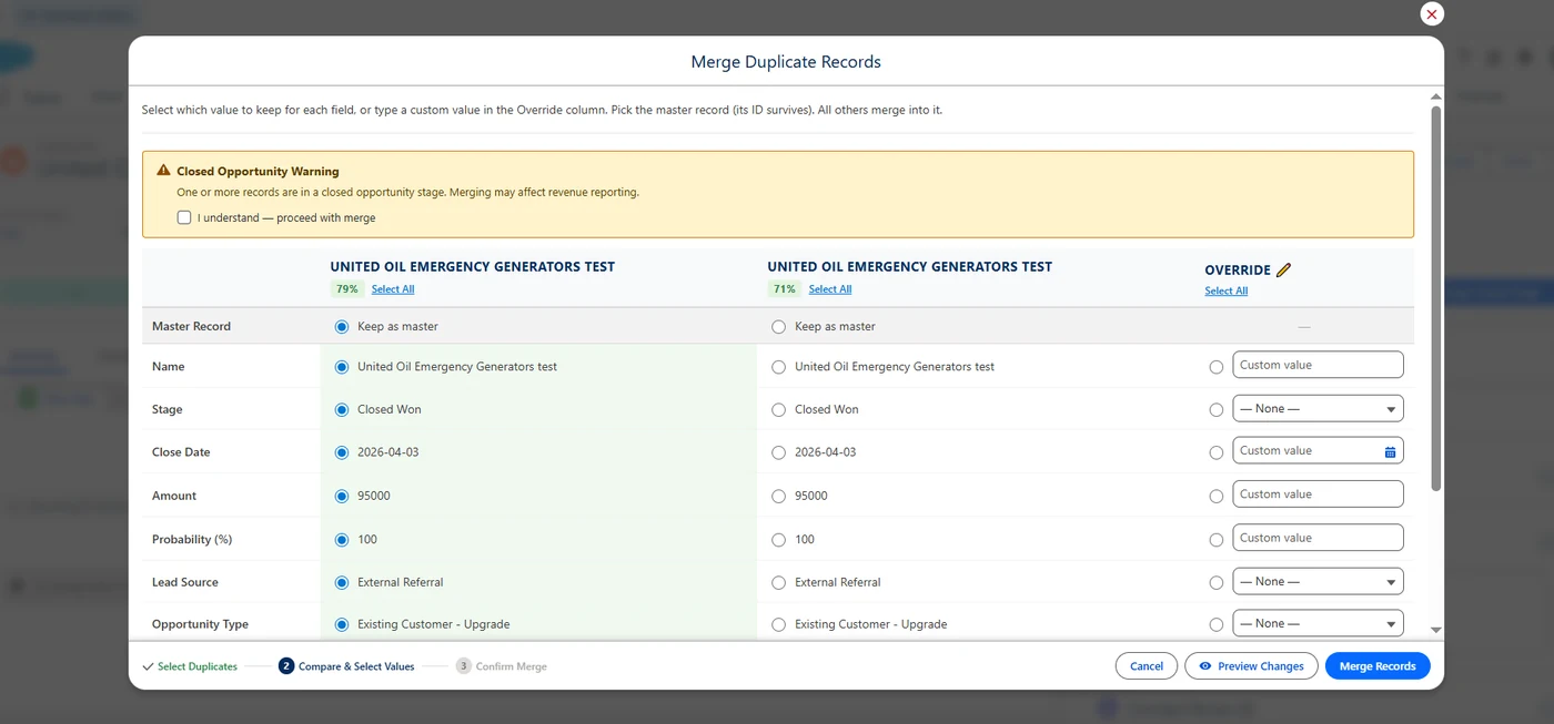 The merge screen: choose values per field, with a closed-opportunity warning.