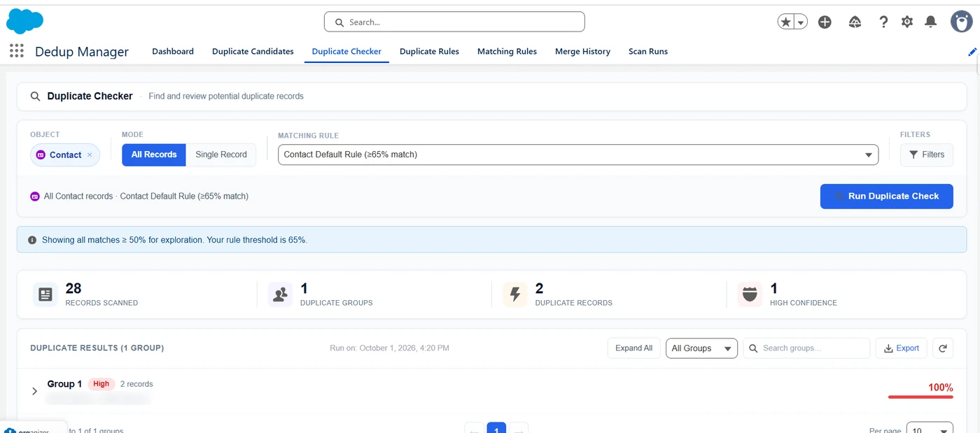 The Duplicate Checker tests a rule on real data before it goes live.