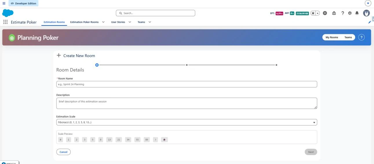 Creating a room: name, description and estimation scale with a live preview.