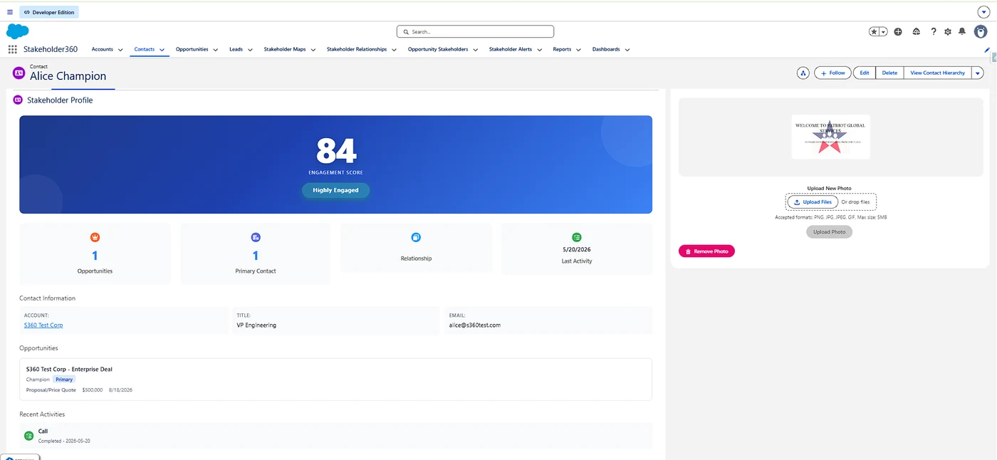 A contact's stakeholder profile with engagement score and photo.
